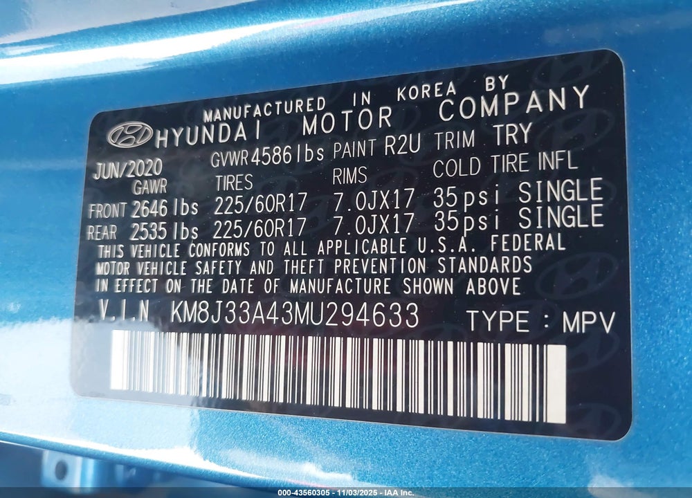 2021 HYUNDAI TUCSON VIN: KM8J33A43MU294633