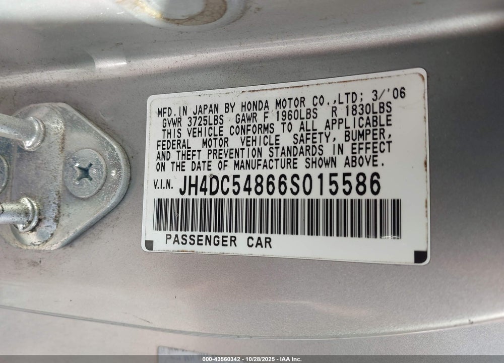 2006 ACURA RSX VIN: JH4DC54866S015586