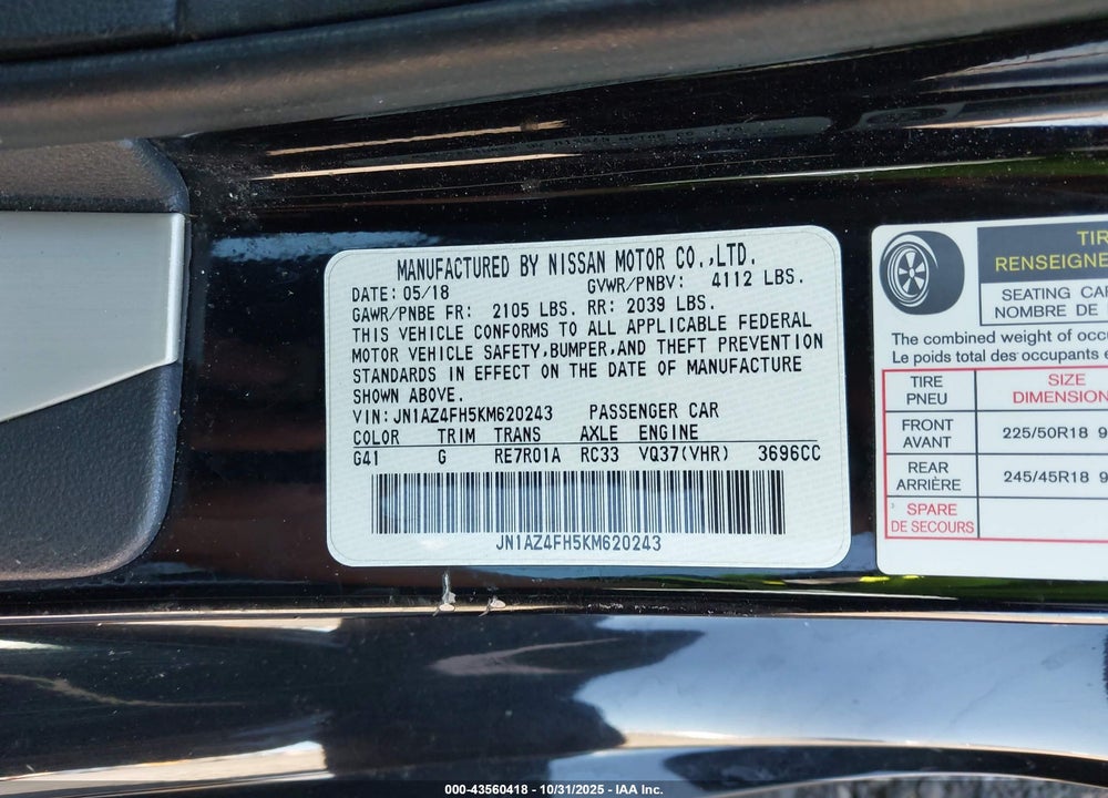 2019 NISSAN 370Z TOURING VIN: JN1AZ4FH5KM620243