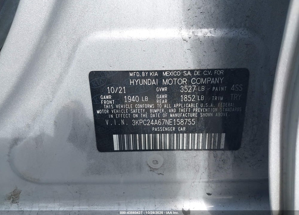 2022 HYUNDAI ACCENT SE VIN: 3KPC24A67NE158755