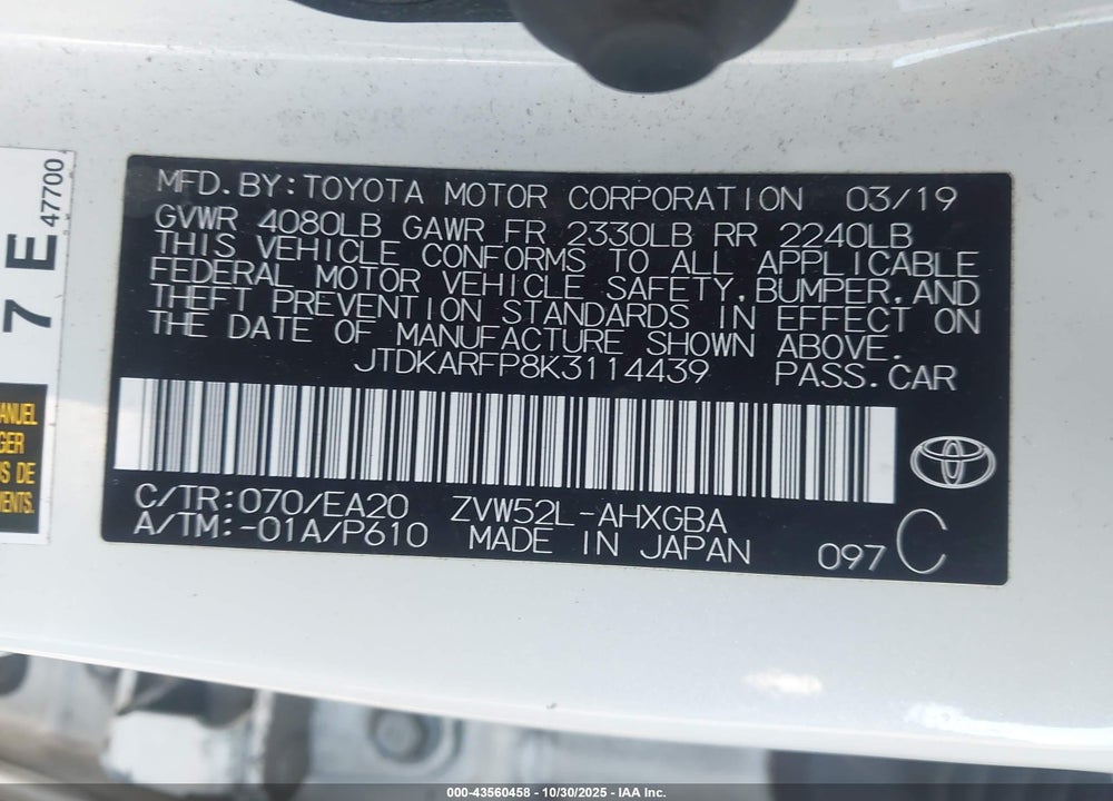 2019 TOYOTA PRIUS PRIME VIN: JTDKARFP8K3114439