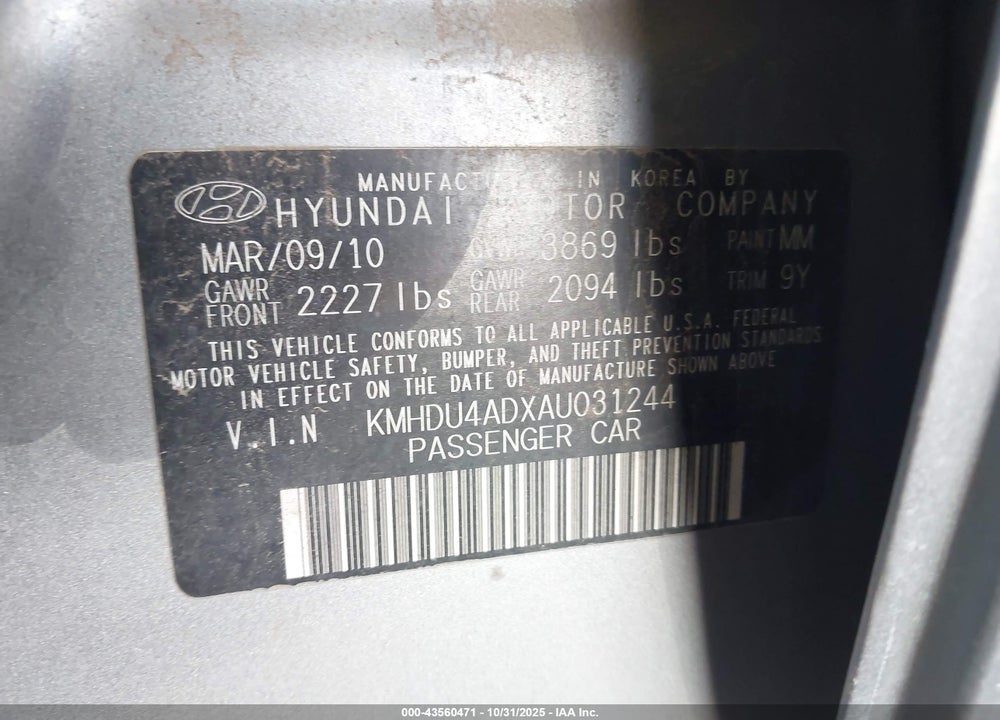 2010 HYUNDAI ELANTRA GLS VIN: KMHDU4ADXAU031244