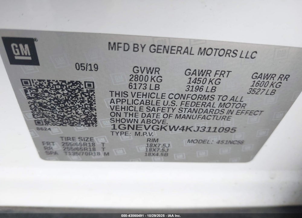 2019 CHEVROLET TRAVERSE 1LT VIN: 1GNEVGKW4KJ311095