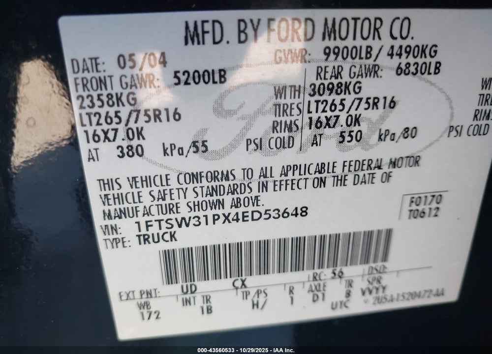2004 FORD F 350 VIN: 1FTSW31PX4ED53648
