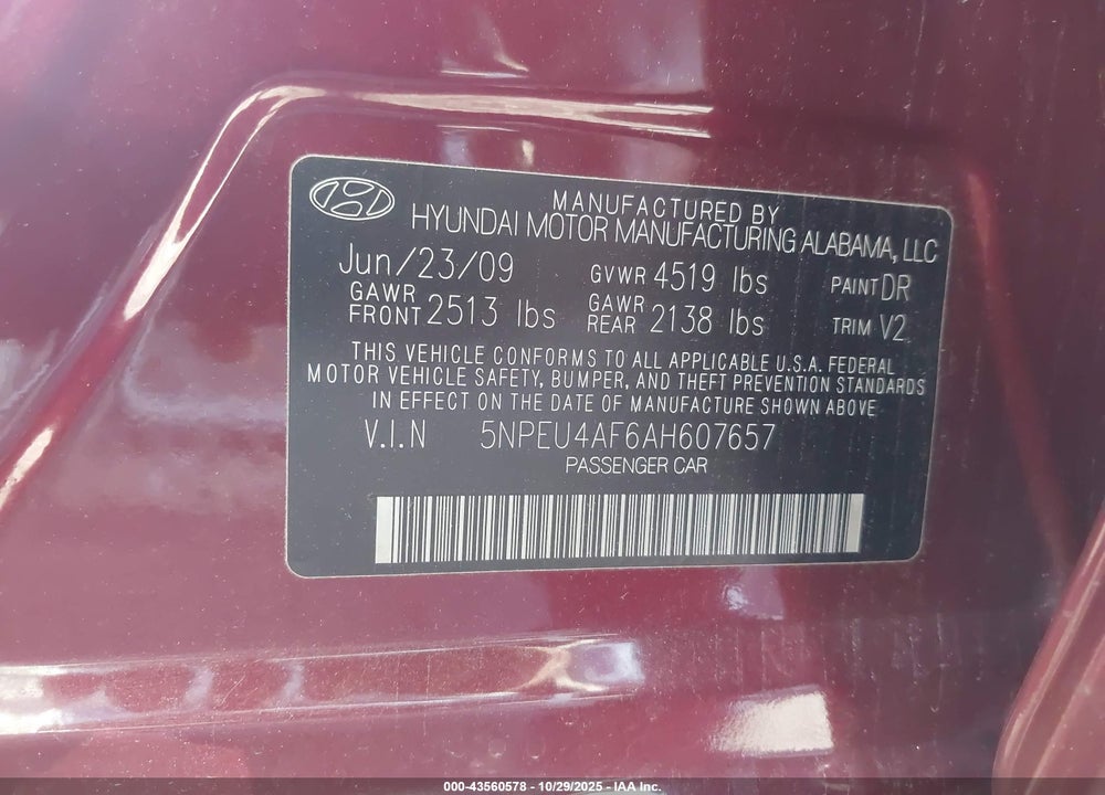 2010 HYUNDAI SONATA LIMITED V6 VIN: 5NPEU4AF6AH607657