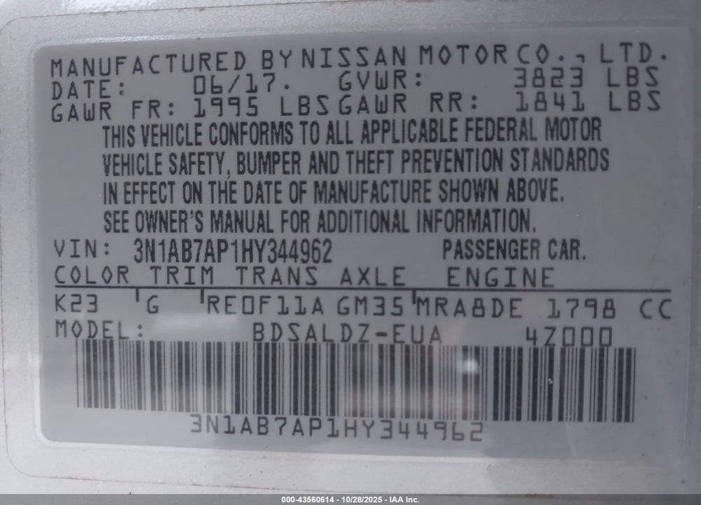 2017 NISSAN SENTRA SV VIN: 3N1AB7AP1HY344962