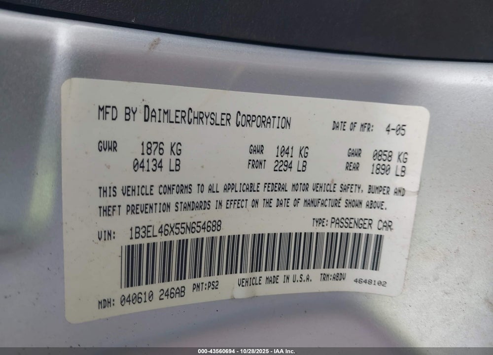2005 DODGE STRATUS SXT VIN: 1B3EL46X55N654688