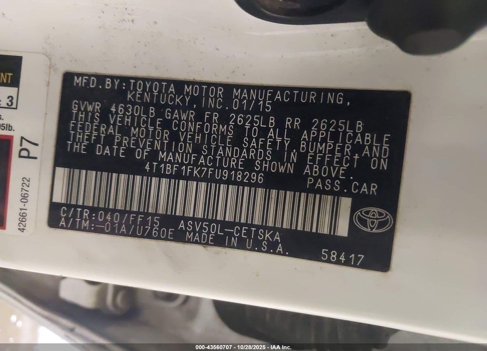 2015 TOYOTA CAMRY SE VIN: 4T1BF1FK7FU918296