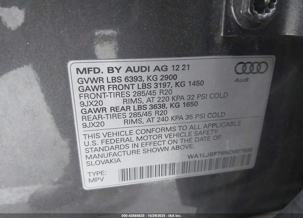 2022 AUDI Q7 PREMIUM PLUS 45 TFSI QUATTRO TIPTRONIC VIN: WA1LJBF76ND007930
