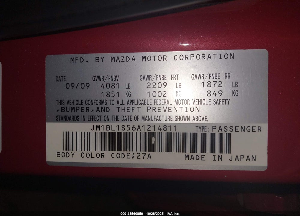 2010 MAZDA 3 VIN: JM1BL1S56A1214811