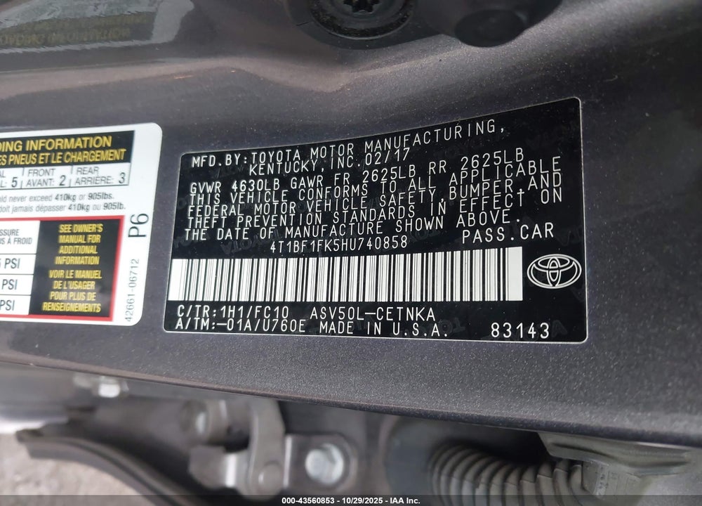 2017 TOYOTA CAMRY LE VIN: 4T1BF1FK5HU740858