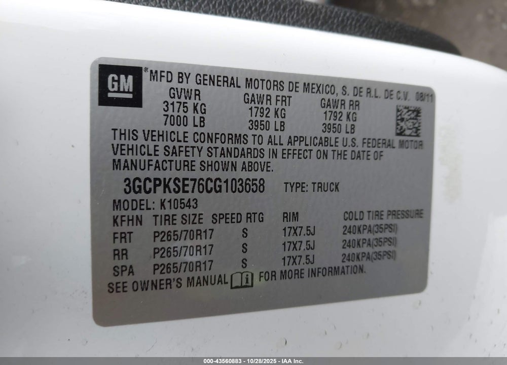 2012 CHEVROLET SILVERADO 1500 VIN: 3GCPKSE76CG103658