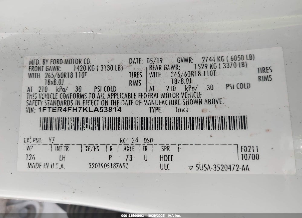 2019 FORD RANGER VIN: 1FTER4FH7KLA53814