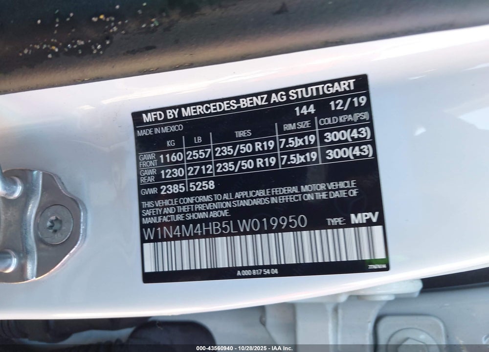 2020 MERCEDES-BENZ GLB-CLASS VIN: W1N4M4HB5LW019950