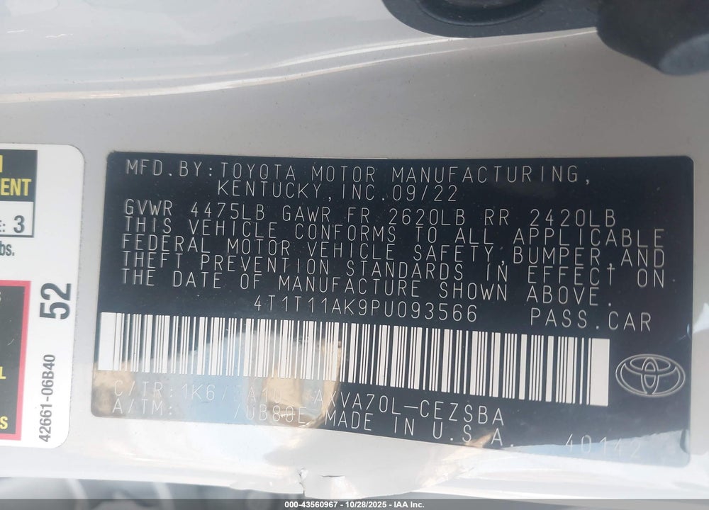 2023 TOYOTA CAMRY SE VIN: 4T1T11AK9PU093566