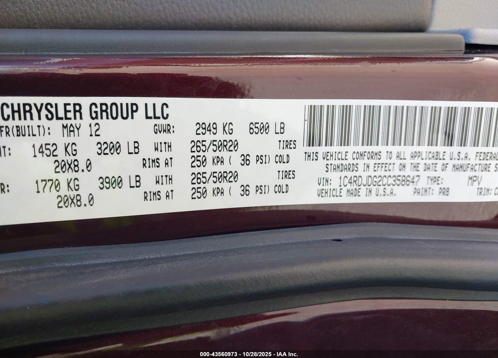 2012 DODGE DURANGO CREW VIN: 1C4RDJDG2CC358647