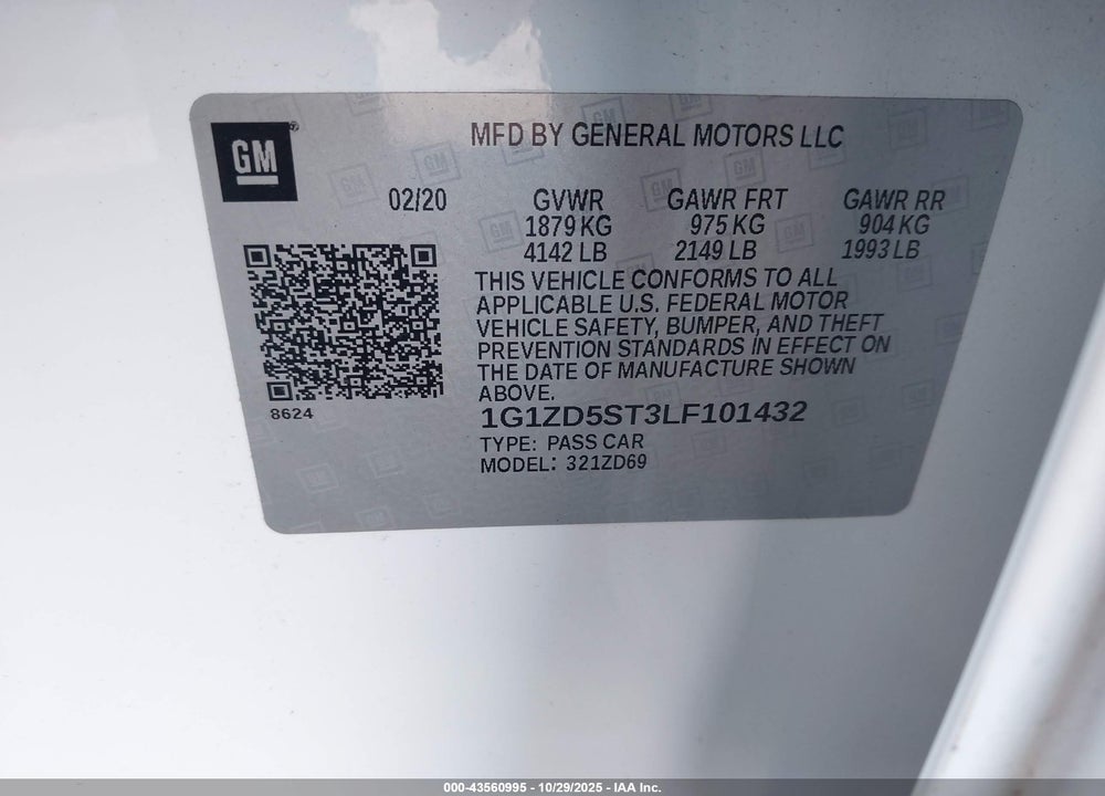 2020 CHEVROLET MALIBU FWD LT VIN: 1G1ZD5ST3LF101432