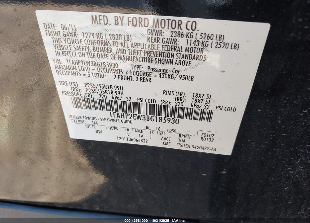2011 FORD TAURUS SEL VIN: 1FAHP2EW3BG185930