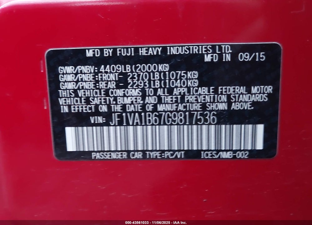 2016 SUBARU WRX VIN: JF1VA1B67G9817536