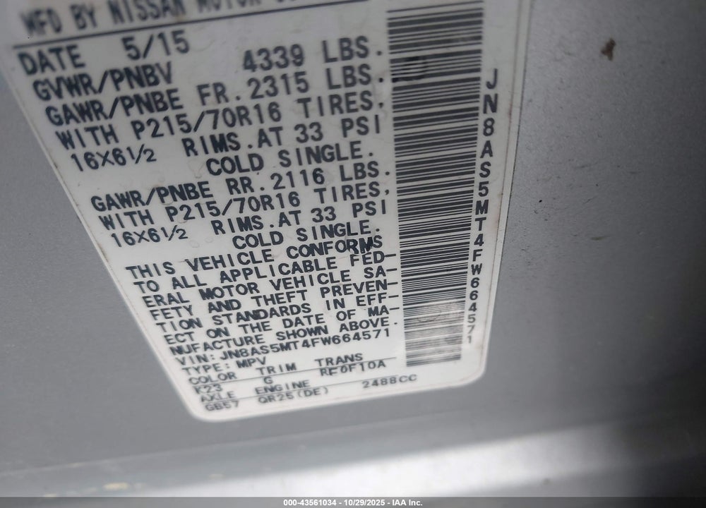 2015 NISSAN ROGUE VIN: JN8AS5MT4FW664571