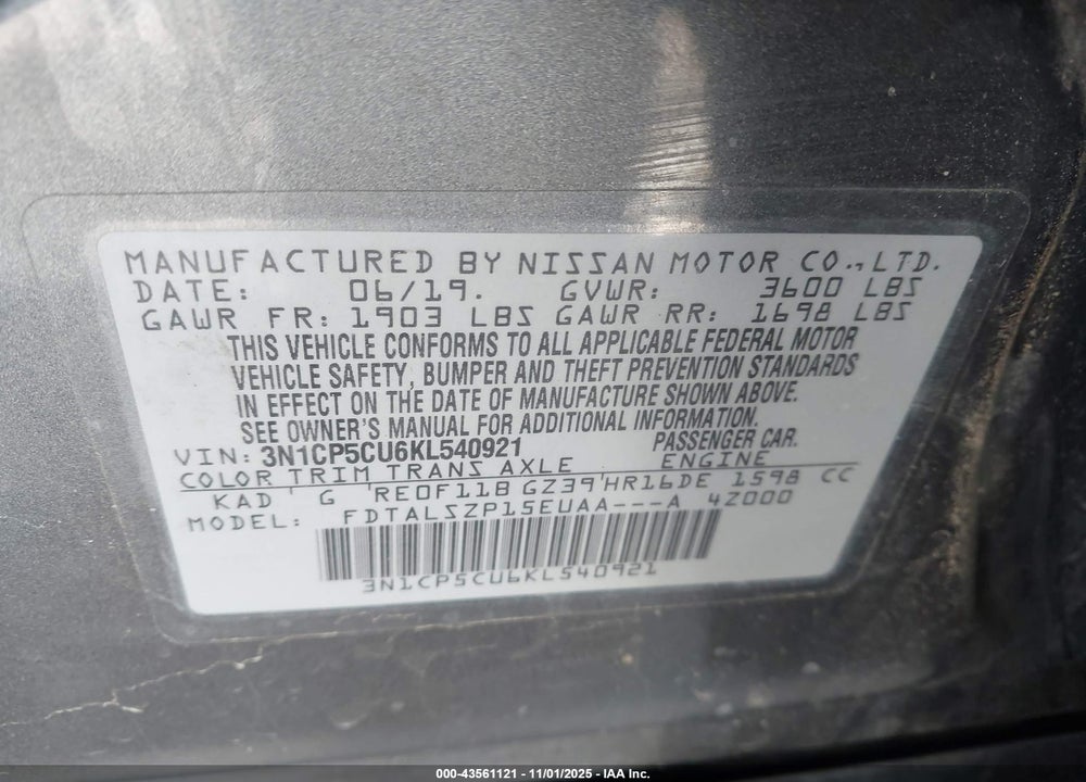 2019 NISSAN KICKS SV VIN: 3N1CP5CU6KL540921