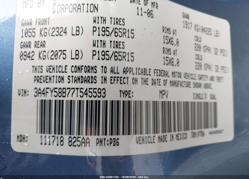 2007 CHRYSLER PT CRUISER VIN: 3A4FY58B77T545593