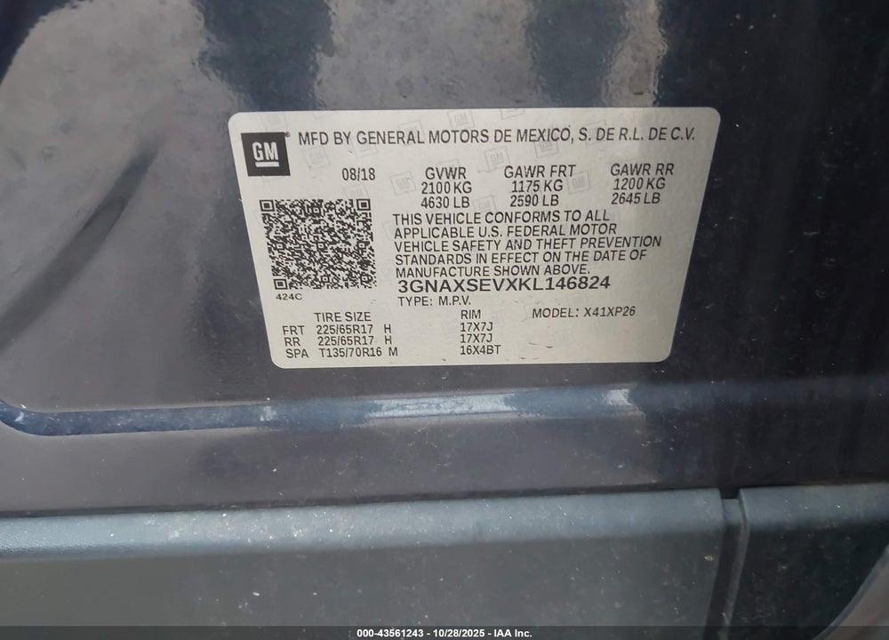 2019 CHEVROLET EQUINOX LS VIN: 3GNAXSEVXKL146824