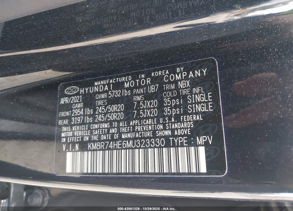 2021 HYUNDAI PALISADE VIN: KM8R74HE6MU323330
