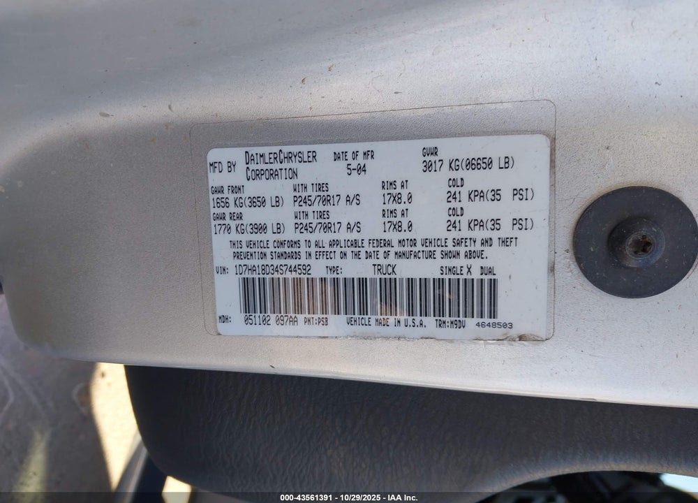 2004 DODGE RAM 1500 SLT/LARAMIE VIN: 1D7HA18D34S744592