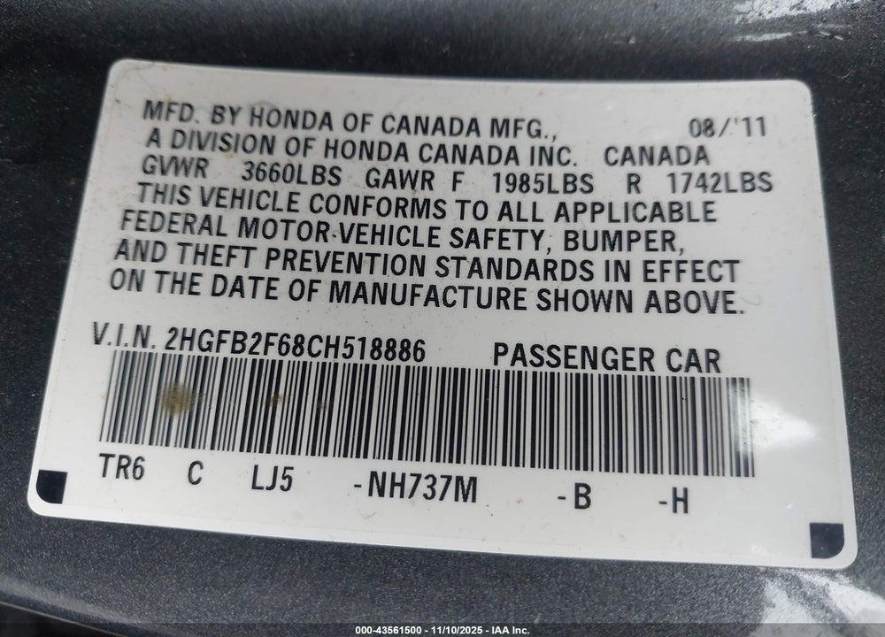 2012 HONDA CIVIC VIN: 2HGFB2F68CH518886