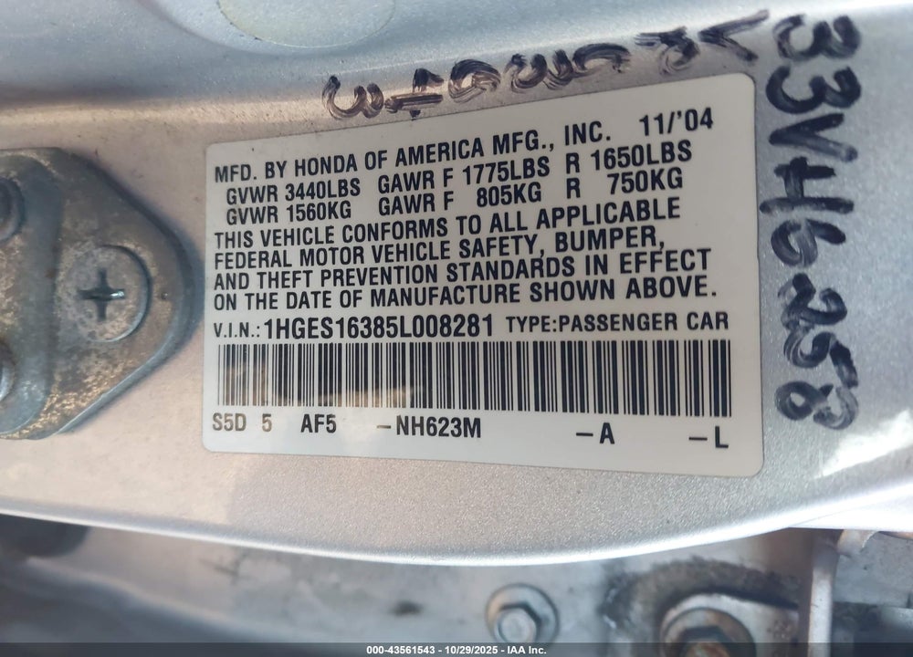 2005 HONDA CIVIC VP VIN: 1HGES16385L008281