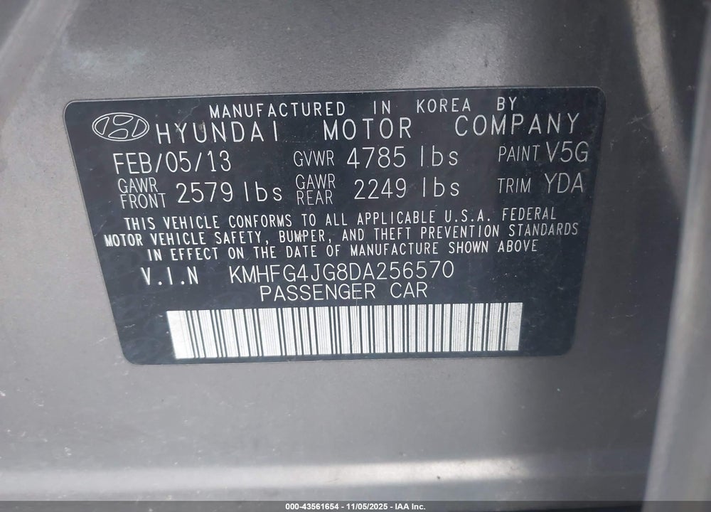 2013 HYUNDAI AZERA VIN: KMHFG4JG8DA256570
