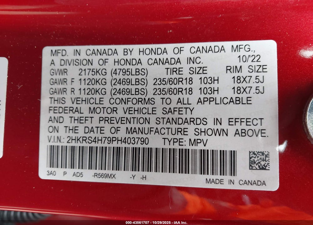 2023 HONDA CR-V EX-L AWD VIN: 2HKRS4H79PH403790