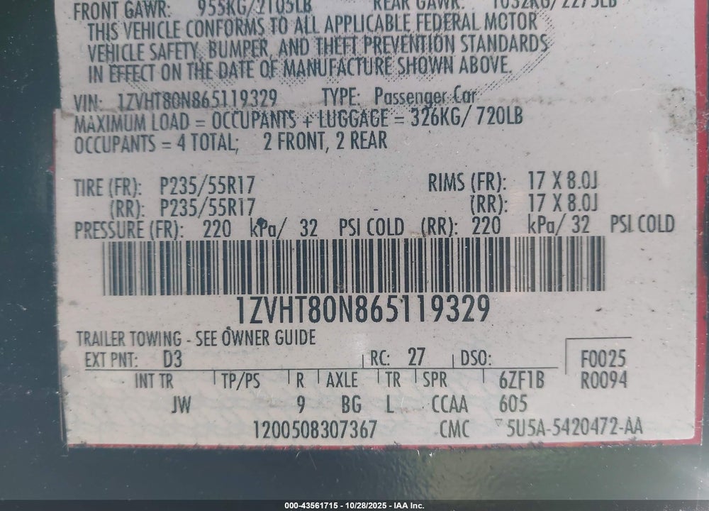2006 FORD MUSTANG V6 VIN: 1ZVHT80N865119329