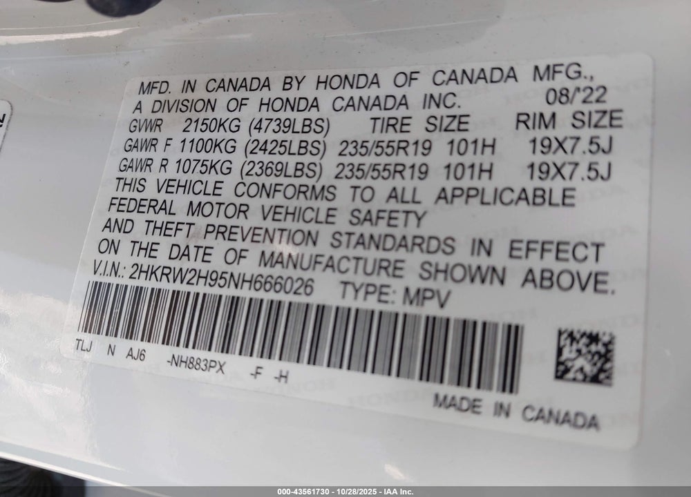 2022 HONDA CR-V VIN: 2HKRW2H95NH666026