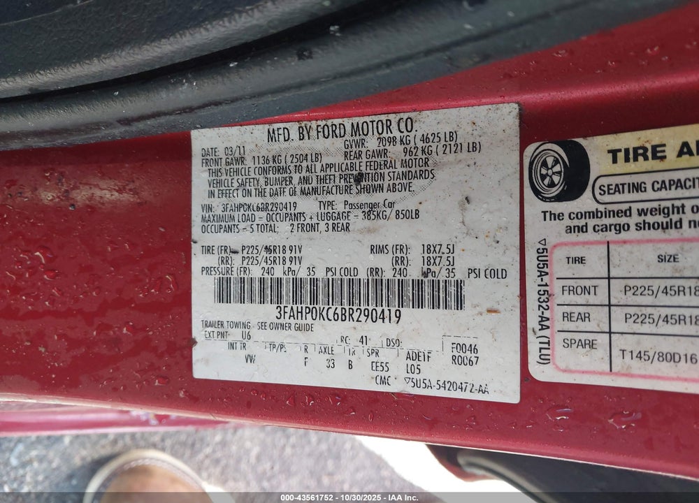 2011 FORD FUSION SPORT VIN: 3FAHP0KC6BR290419