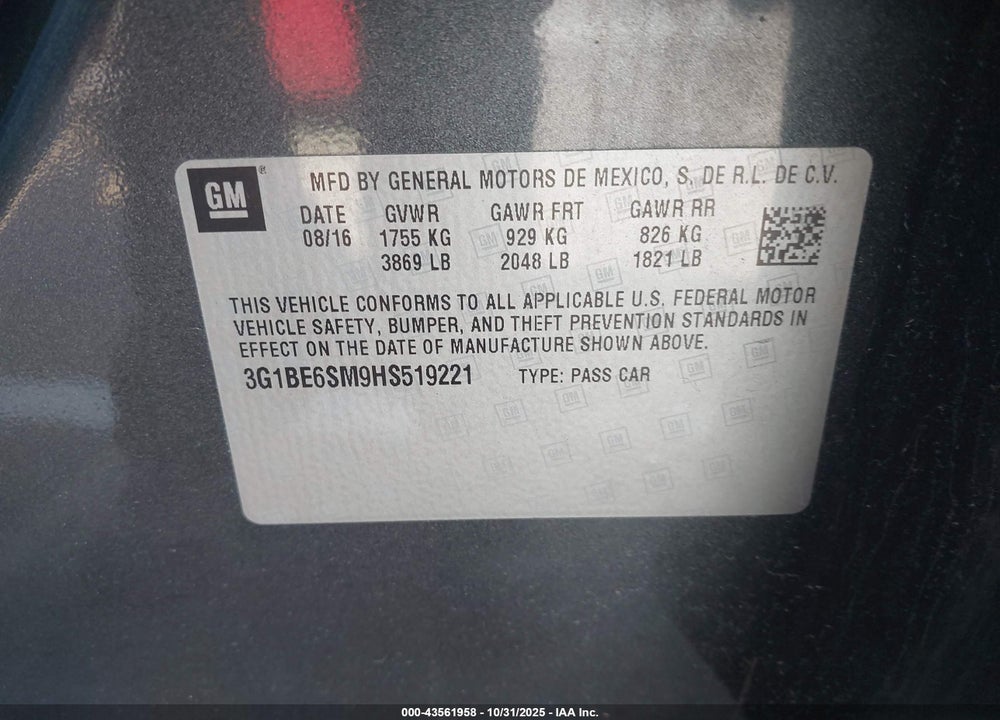 2017 CHEVROLET CRUZE VIN: 3G1BE6SM9HS519221