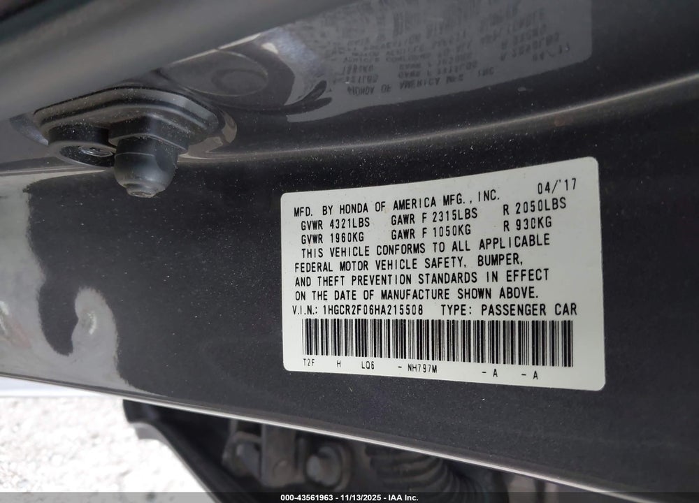 2017 HONDA ACCORD VIN: 1HGCR2F06HA215508