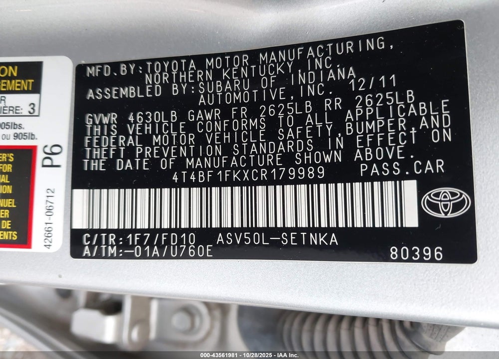 2012 TOYOTA CAMRY LE VIN: 4T4BF1FKXCR179989
