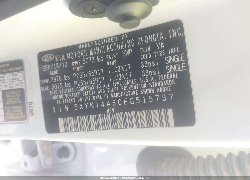 2014 KIA SORENTO LX VIN: 5XYKT4A60EG515737