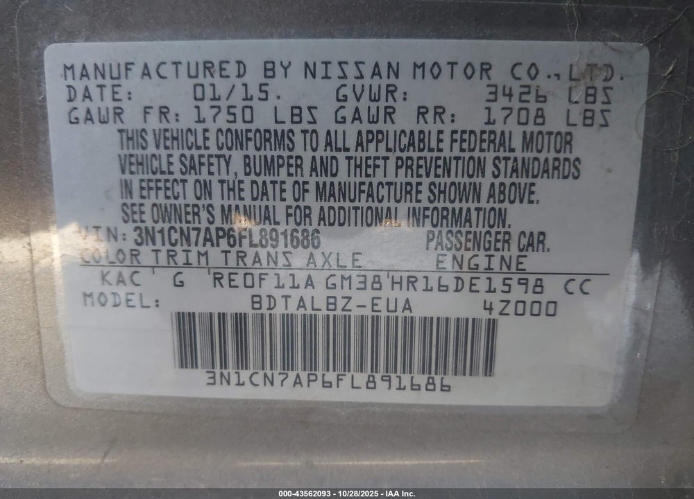 2015 NISSAN VERSA VIN: 3N1CN7AP6FL891686