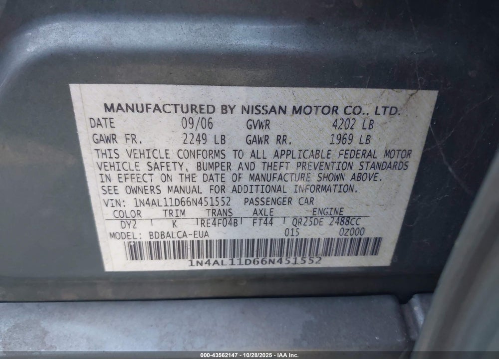 2006 NISSAN ALTIMA VIN: 1N4AL11D66N451552