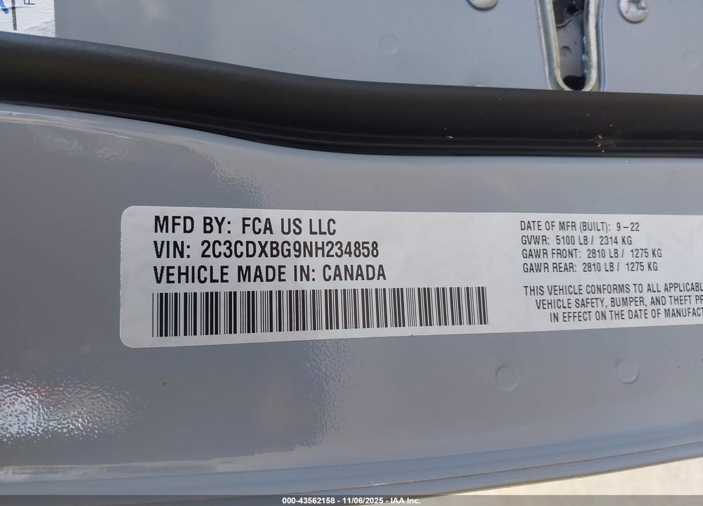 2022 DODGE CHARGER SXT RWD VIN: 2C3CDXBG9NH234858