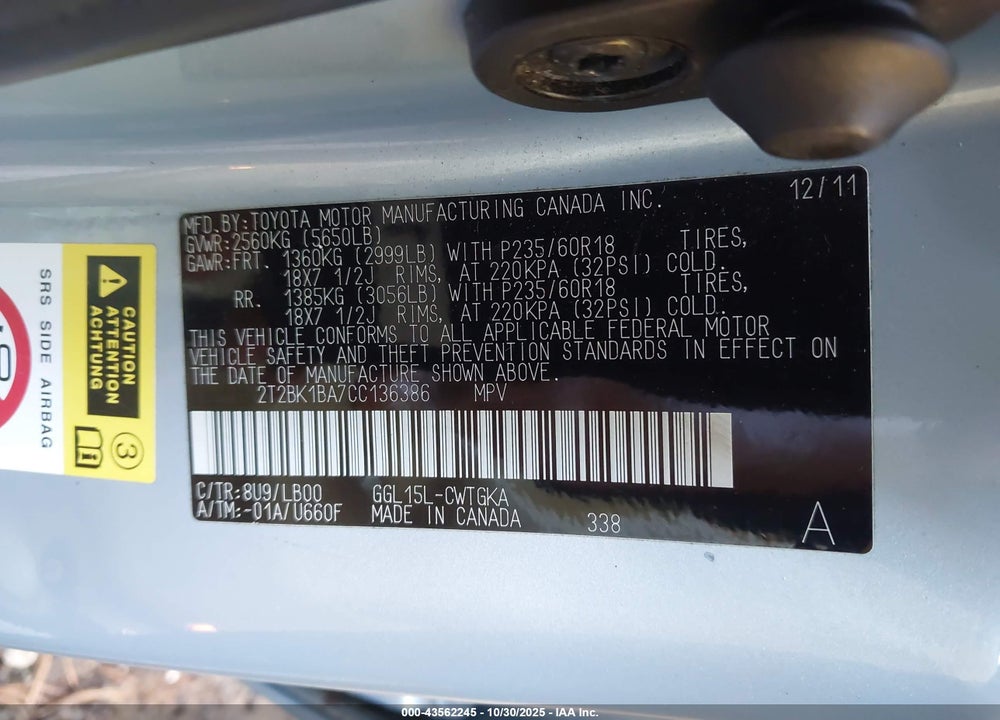 2012 LEXUS RX 350 VIN: 2T2BK1BA7CC136386