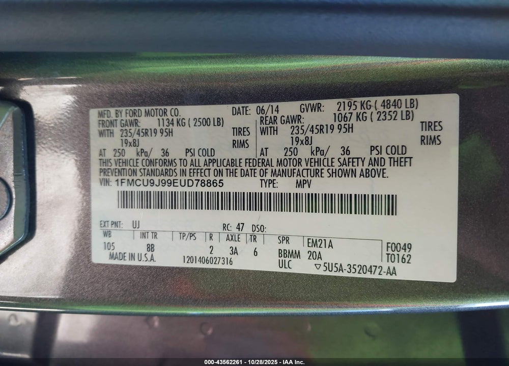 2014 FORD ESCAPE VIN: 1FMCU9J99EUD78865