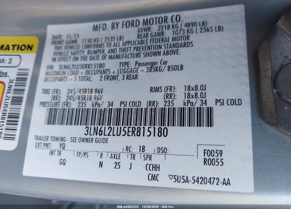 2014 LINCOLN MKZ VIN: 3LN6L2LU5ER815180