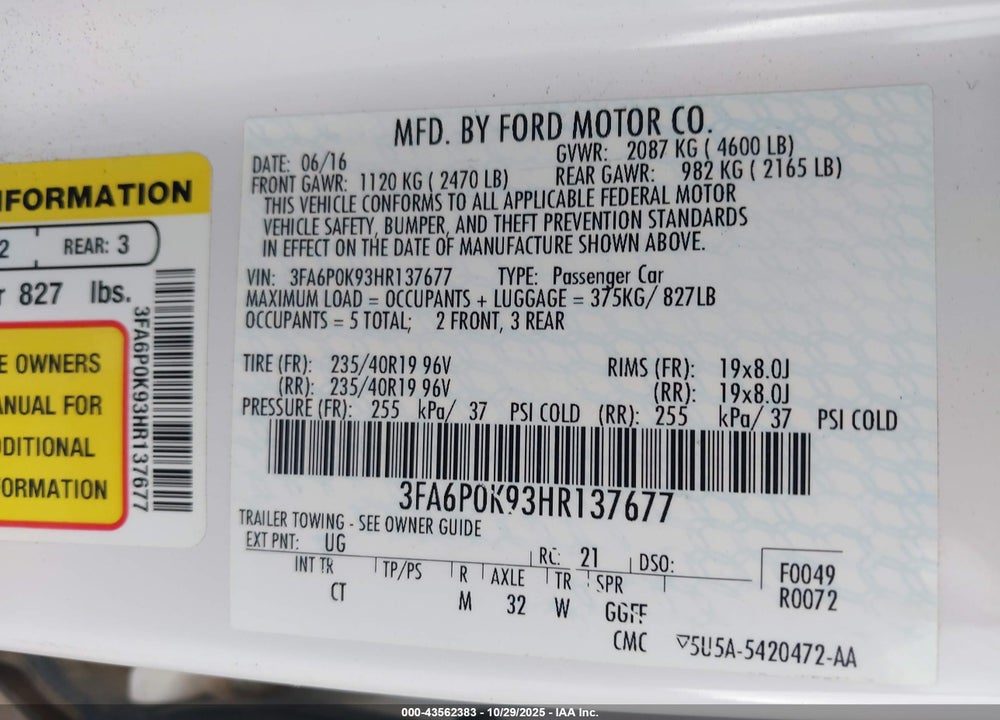 2017 FORD FUSION TITANIUM VIN: 3FA6P0K93HR137677