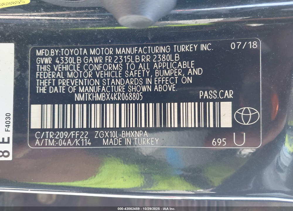 2019 TOYOTA C-HR VIN: NMTKHMBX4KR068805