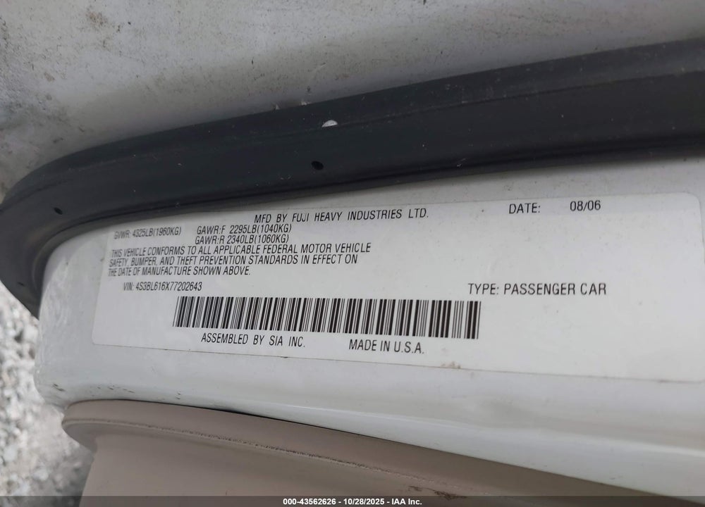 2007 SUBARU LEGACY 2.5I VIN: 4S3BL616X77202643