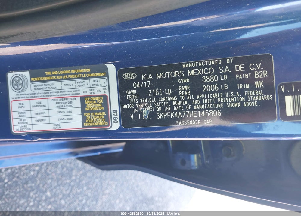 2017 KIA FORTE VIN: 3KPFK4A77HE145806